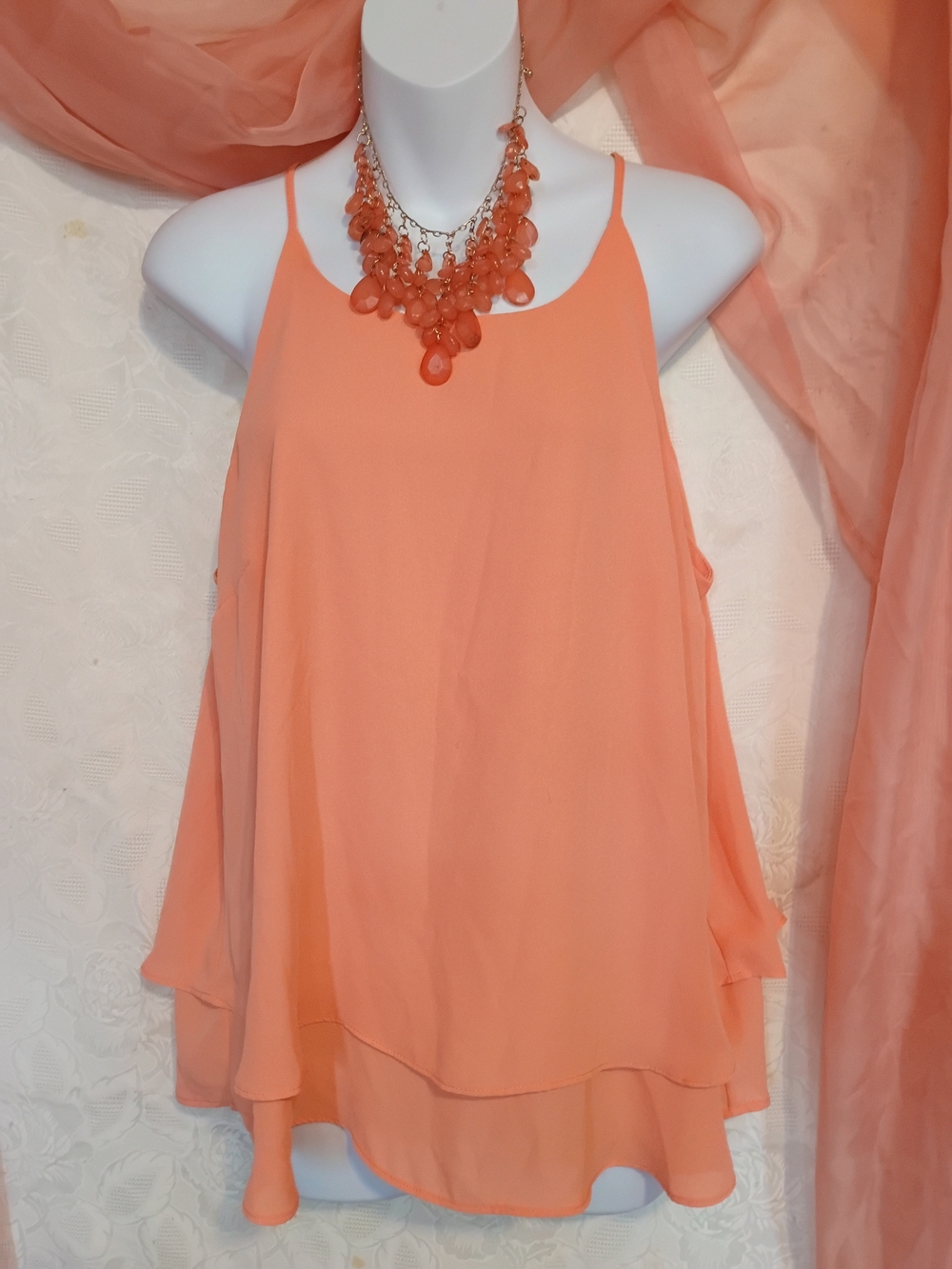 Pink Rose Ladies Peachy Orange Layered Chiffon Cami Top Sz XL
